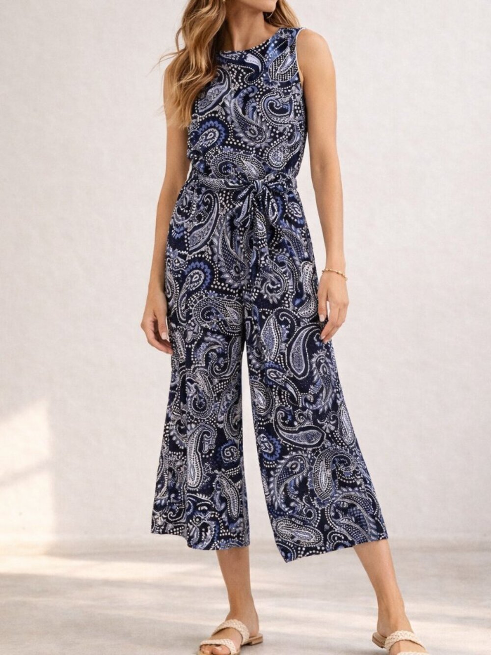 Tommy Hilfiger Paisley Jumpsuit Navy White Wide Leg Cropped Size 2